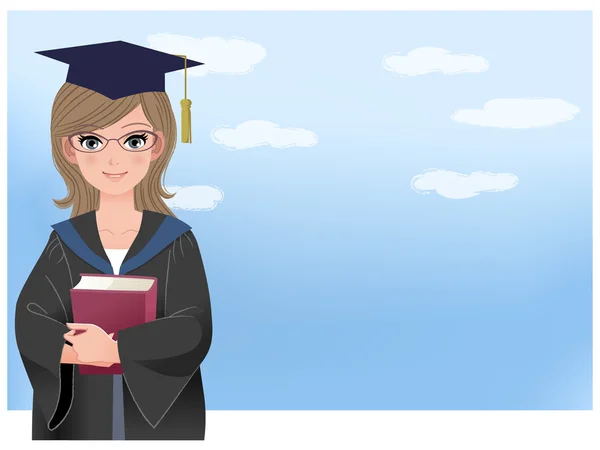 Feliz estudiante graduado sosteniendo disloma contra el cielo azul — Vector de stock