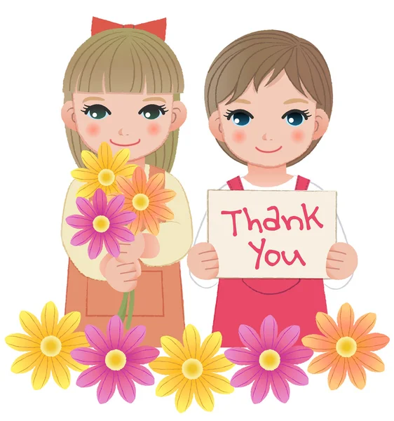 Ευχαριστώ κοριτσάκια κρατώντας σημάδι και λουλούδια — Διανυσματικό Αρχείο