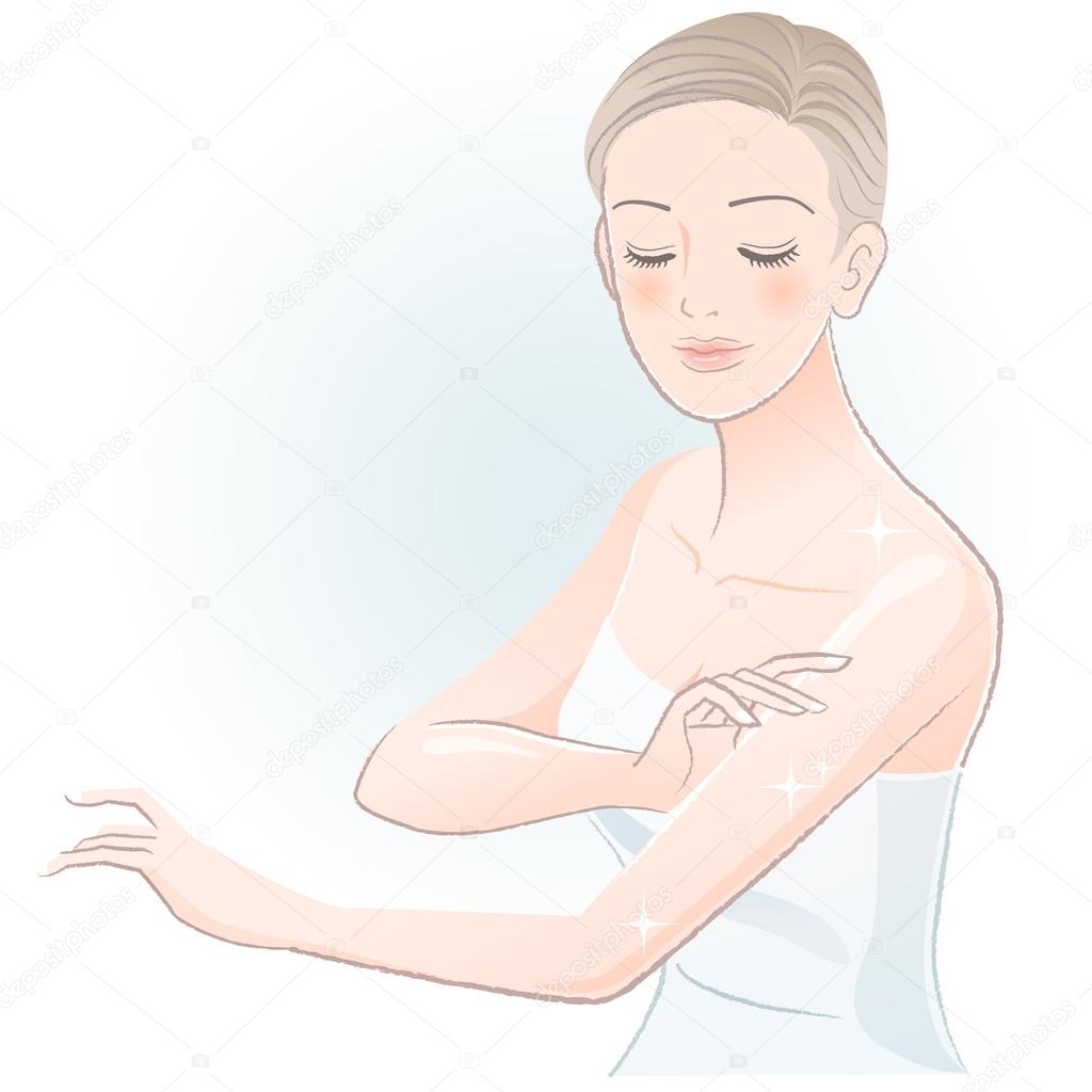Young spa woman gently touching arms