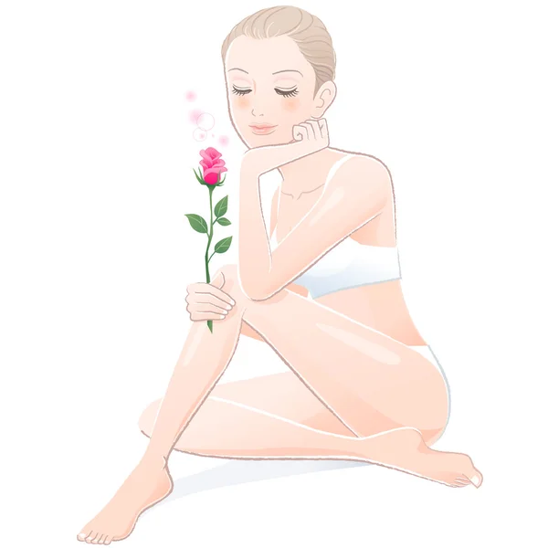 Beautiful young woman in white lingerie enjoying rose sent — Stock Vector