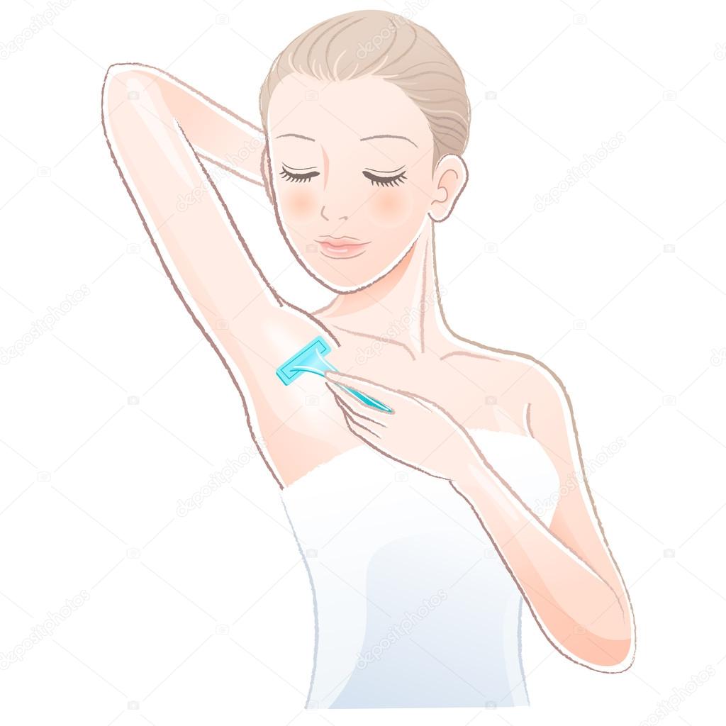 Portrait of pretty woman shaving underarm with razor