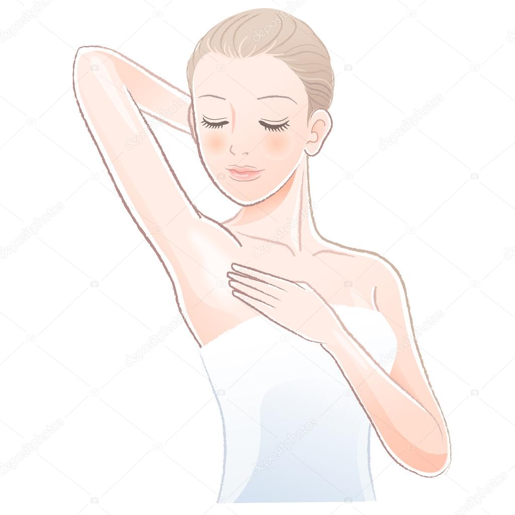 Pretty female gently touching and looking her clean armpit