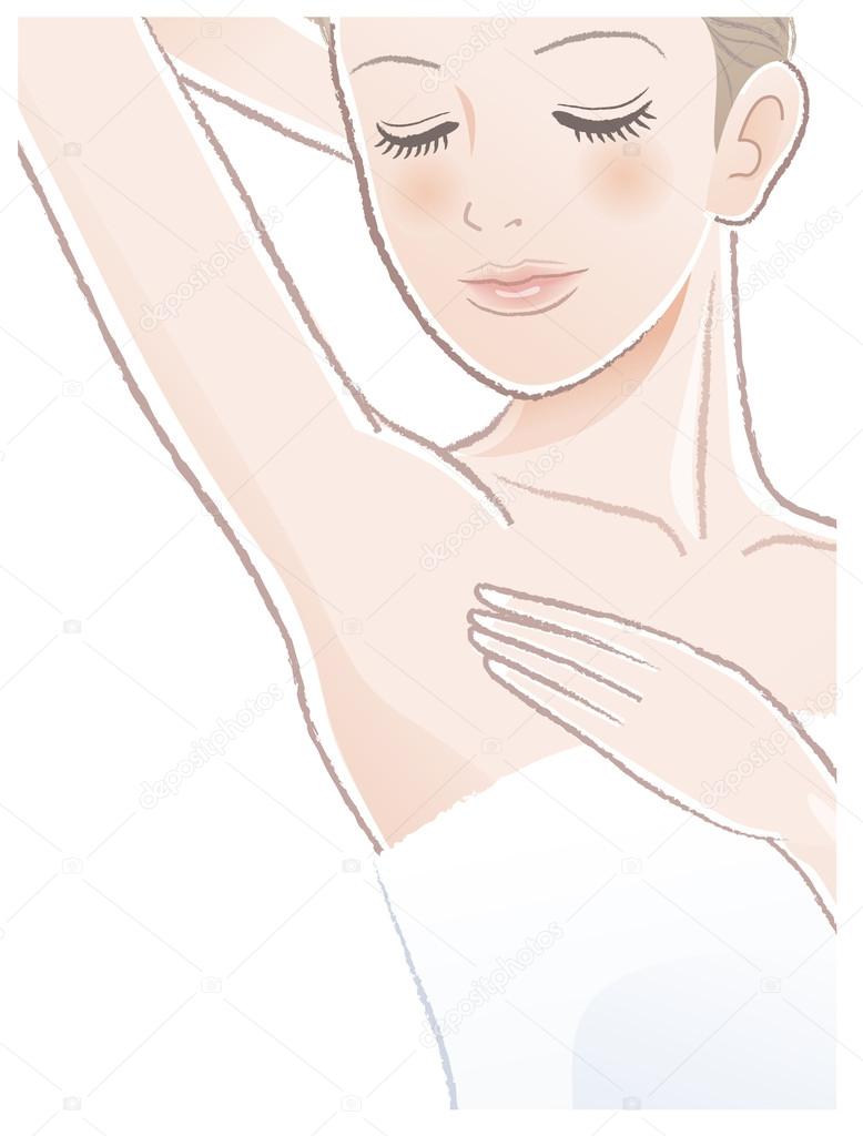 Portrait of pretty woman looking at her armpit