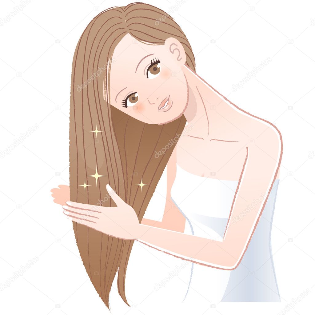 Woman applying hair oil to her long hair
