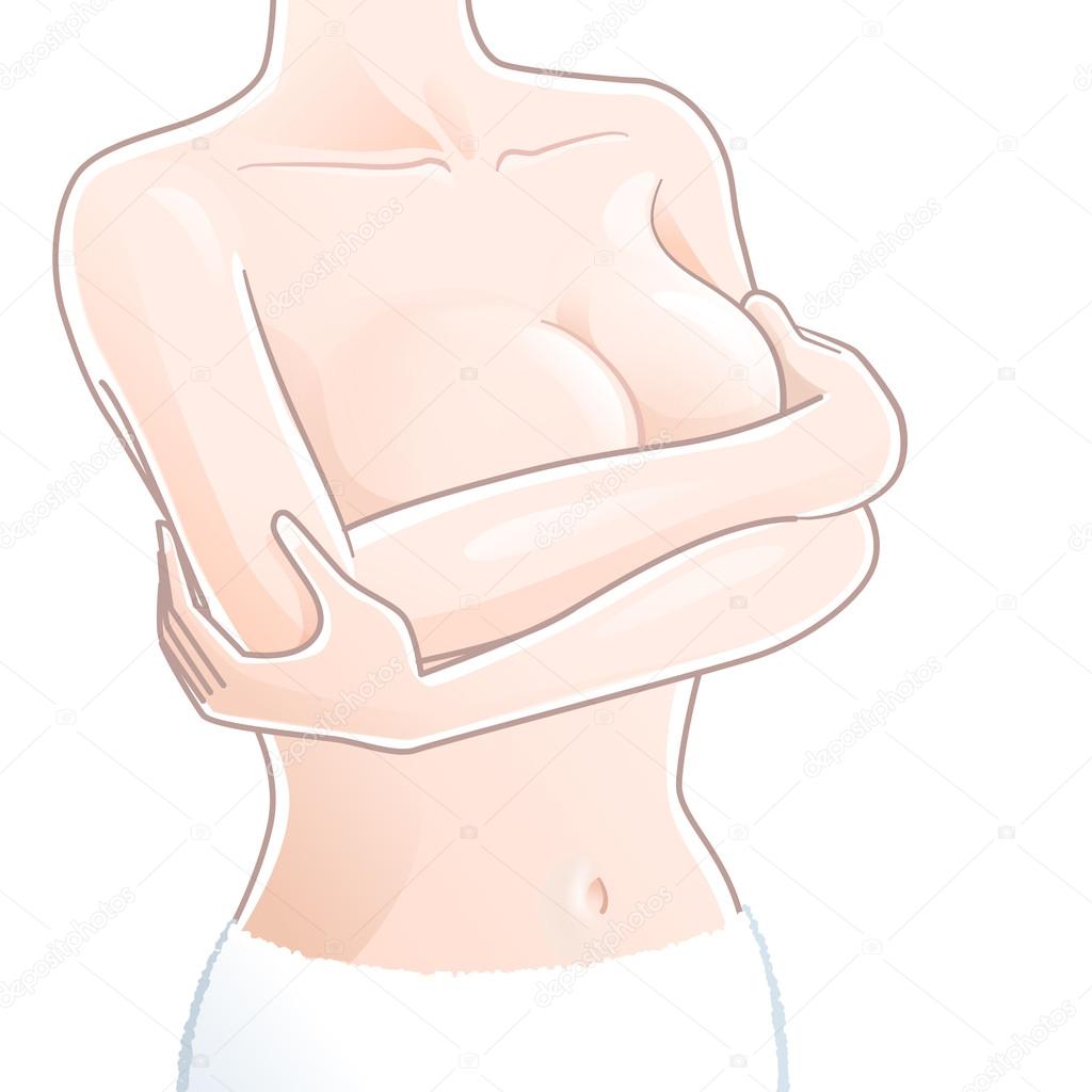 Woman covering her breast with her arms