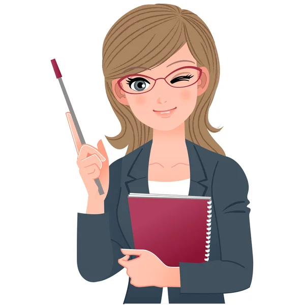 Female lecturer winking with pointer stick — Stock Vector