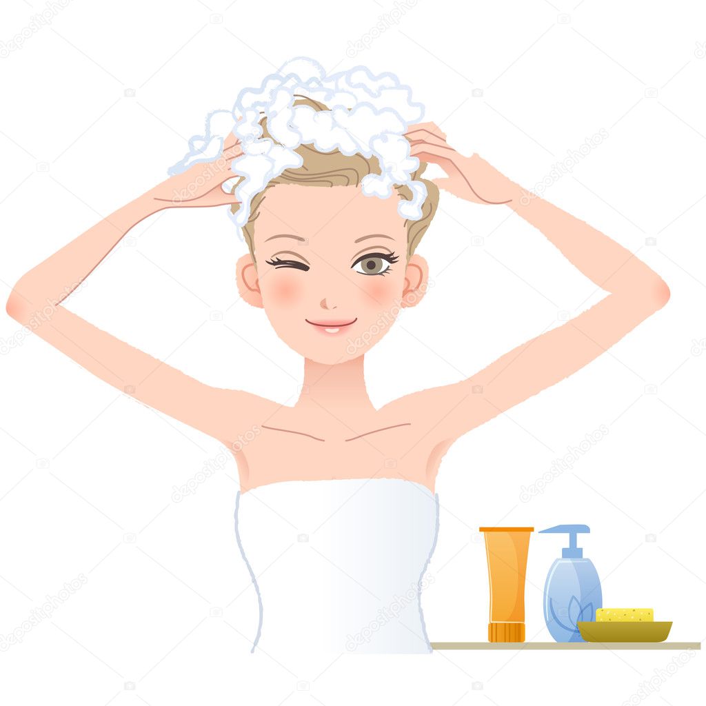 Pretty woman soaping her head on white background