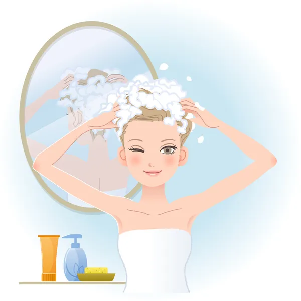 彼女の頭をソーピングのきれいな女性 — ストックベクタ