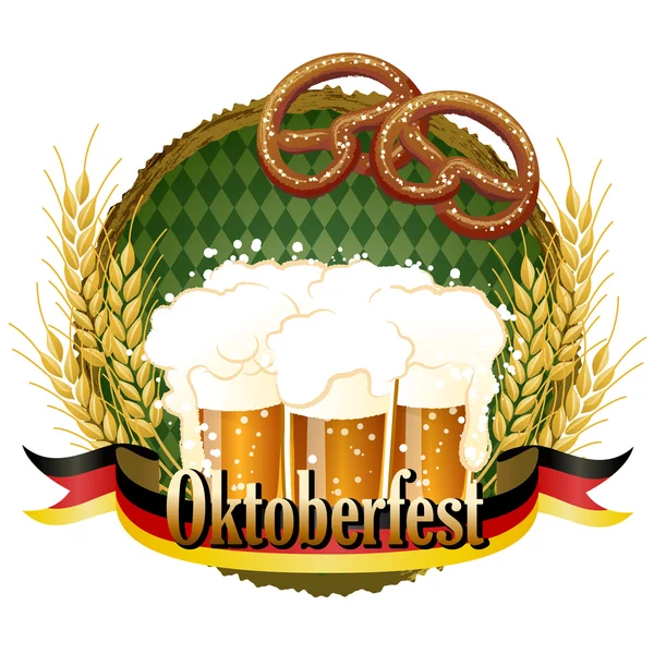 Woody frame Oktoberfest Celebration design with beer and pretzel — Stock Vector