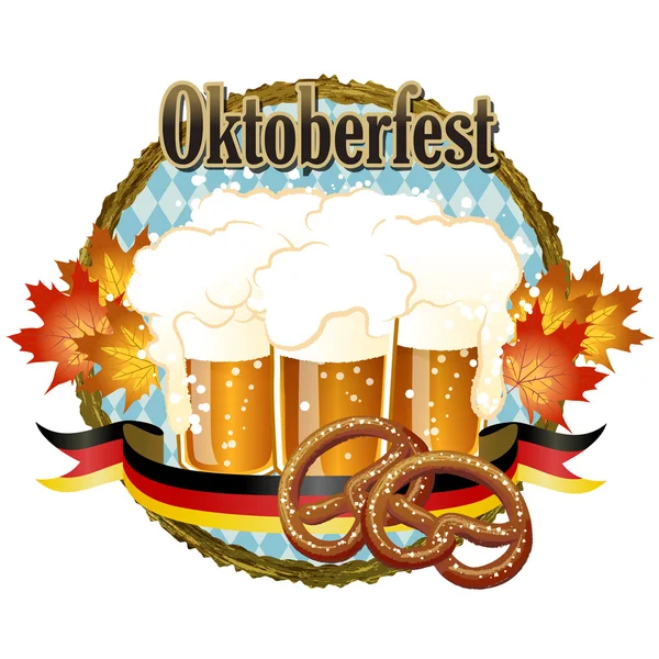 Γιορτή oktoberfest ξυλώδη πλαίσιο σχεδίαση με μπύρα και κουλουράκι — Διανυσματικό Αρχείο
