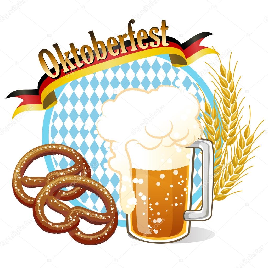 Round Oktoberfest Celebration banner with beer, pretzel,wheat ea