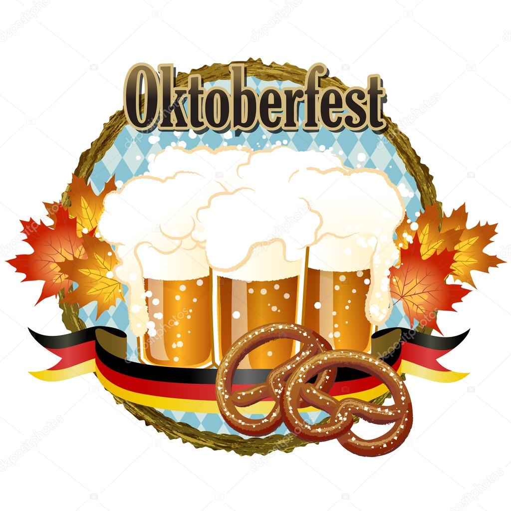 Woody frame Oktoberfest Celebration design with beer and pretzel