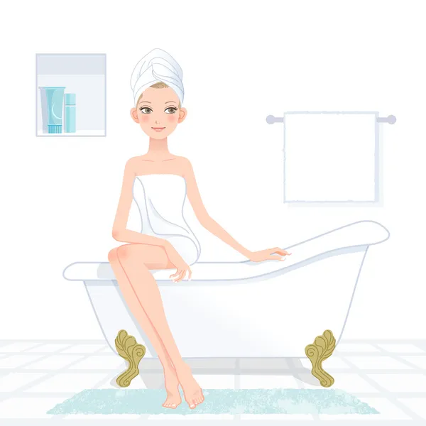 Mujer bonita envuelta en toalla en el baño — Vector de stock