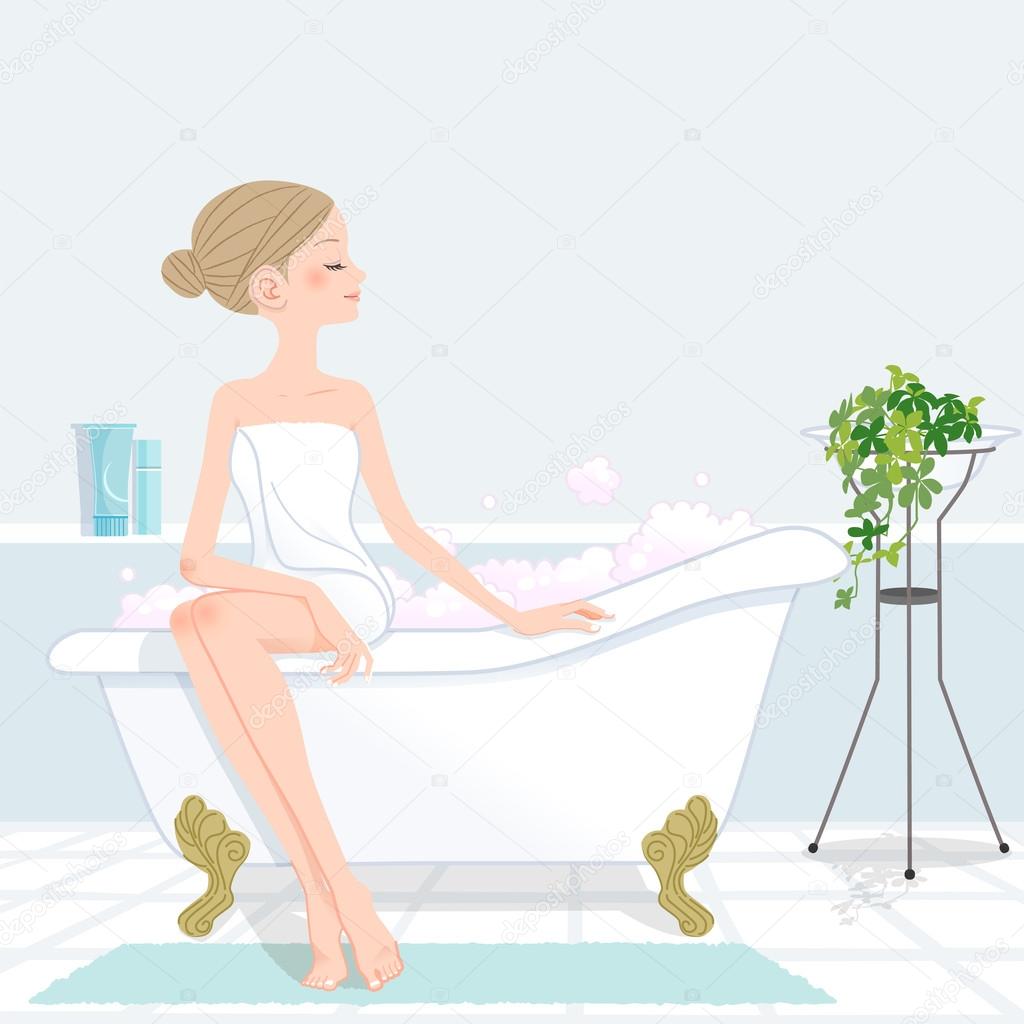 Youg woman sitting bathtub filled with pink bubble