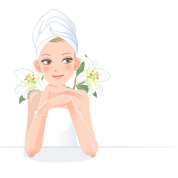 Hermosa gir con toalla en la cabeza y flores de lirio — Vector de stock