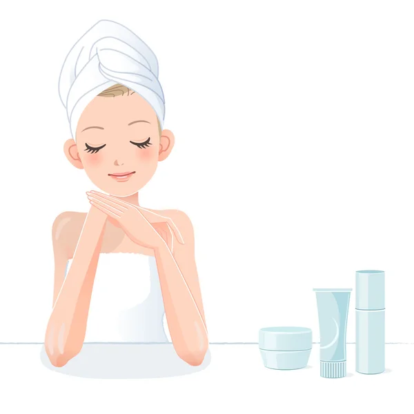 Hermosa chica en toalla con productos de belleza — Vector de stock