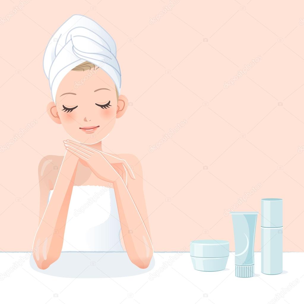 Cute young woman in towel applying moisturizer