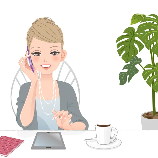 Hermosa mujer ejecutiva hablando por teléfono con almohadilla táctil — Vector de stock