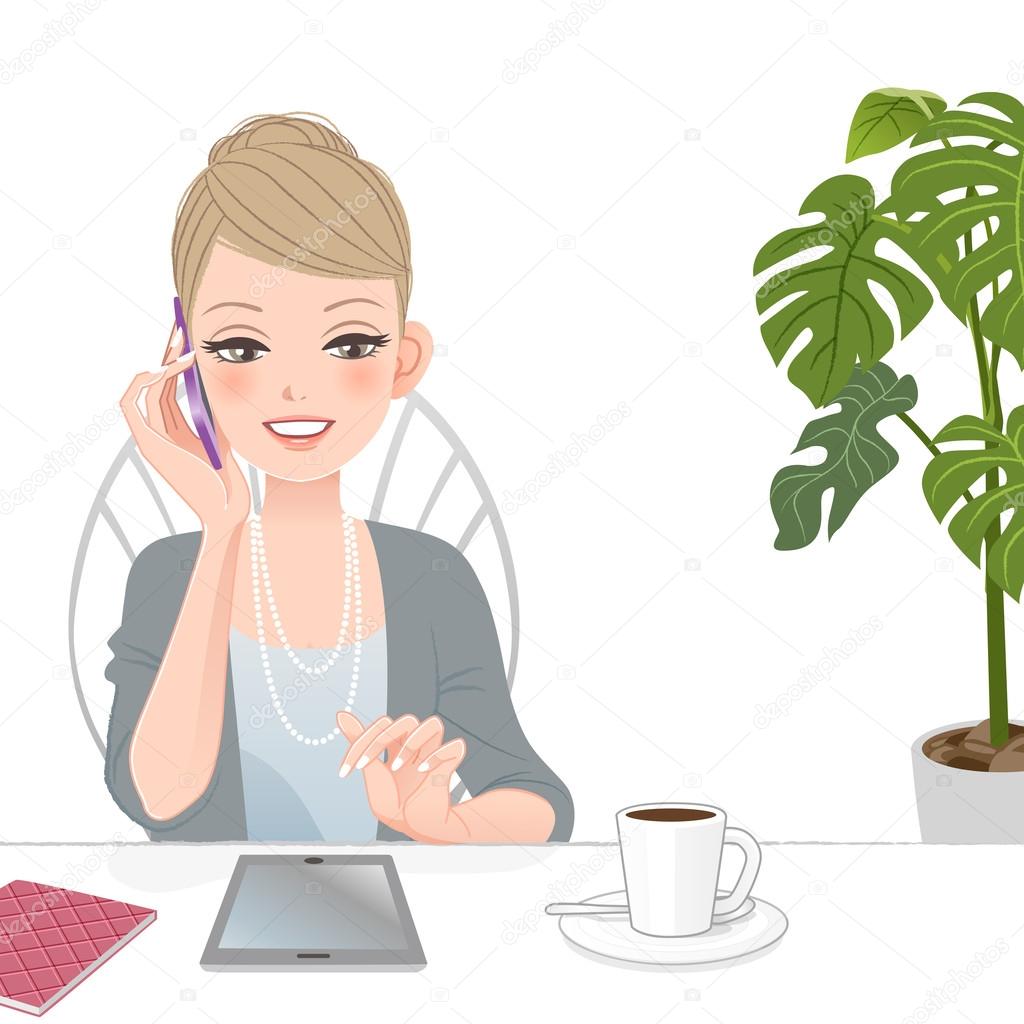 Beautiful executive woman talking on the phone with touch pad