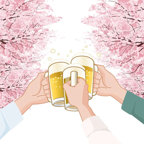 Toasting with beer under Cherry blossoms trees — Stock Illustration Toasting with beer under Cherry blossoms trees Royalty Free Stock Illustrations