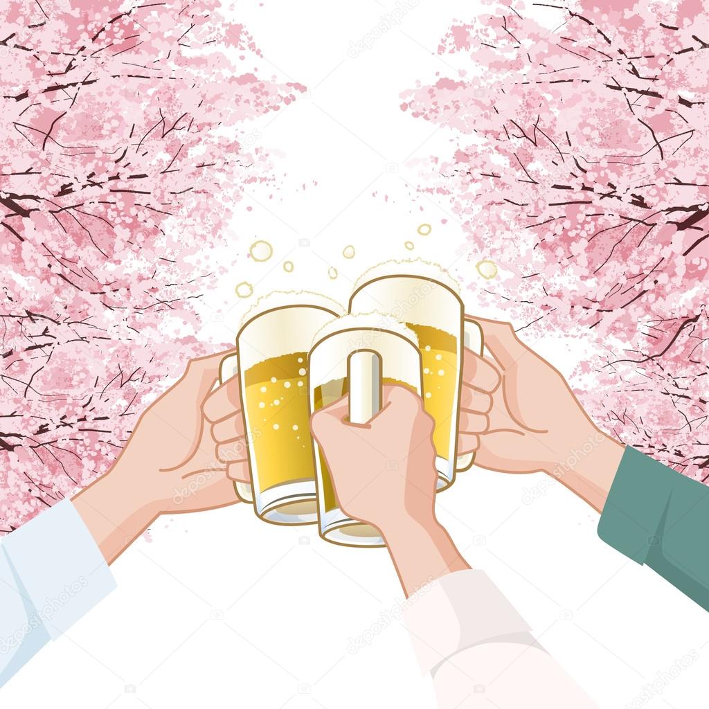 Toasting with beer under Cherry blossoms trees