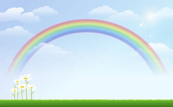 Daisy en regenboog tegen blauwe hemel — Stockvector