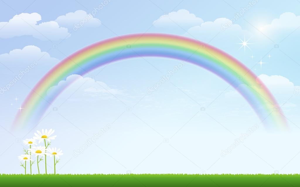 Daisy and rainbow against blue sky