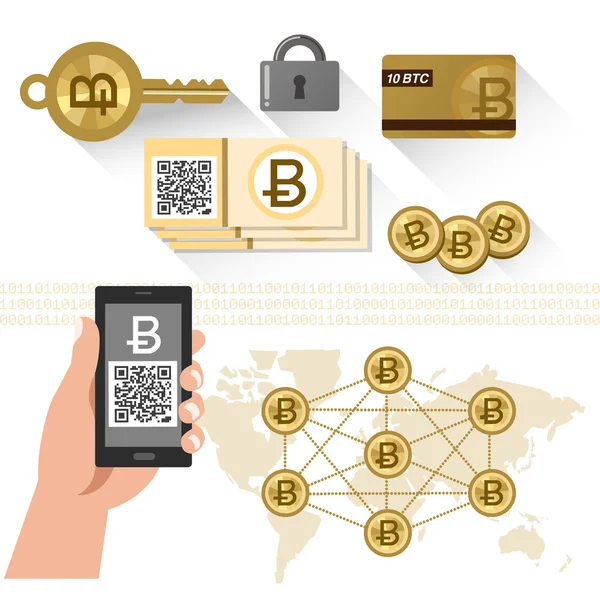 Bitcoin related items - P2P system, secure key — Stock Vector