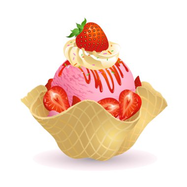 Çilekli dondurma waffle sepeti ile