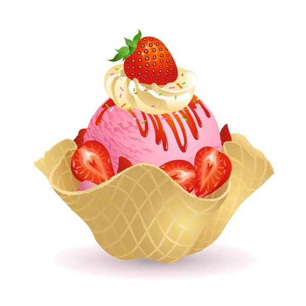 Strawberry ice cream with waffle basket — Stock Vector