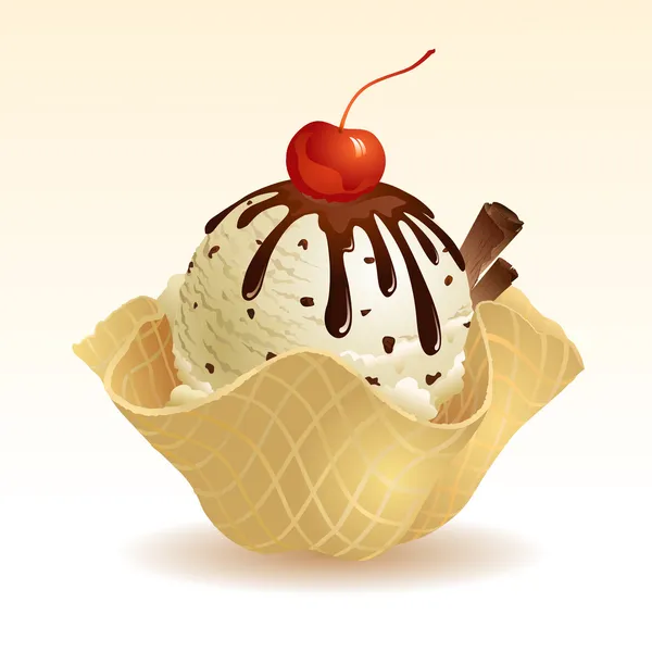 Glace aux pépites de chocolat vanille avec panier à gaufres — Image vectorielle