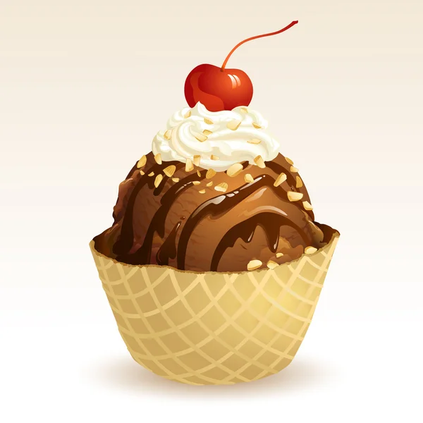 Helado de chocolate con cesta de gofres — Vector de stock