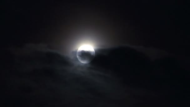 Volledige gloeiende maan op mistige nacht hemel time-lapse — Stockvideo