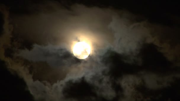 Volledige gloeiende maan op bewolkte nacht hemel time-lapse — Stockvideo