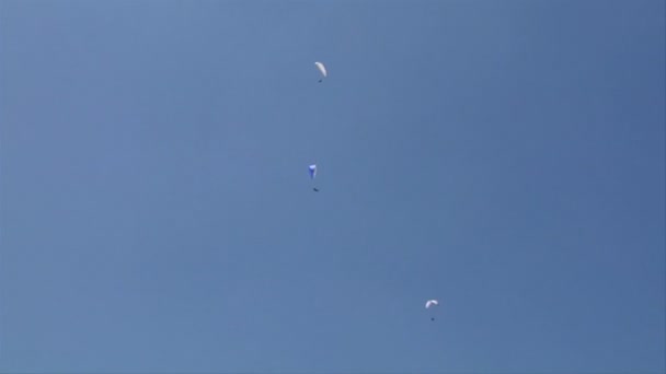 Mavi gökyüzü üzerinde renkli paraglide — Stok video