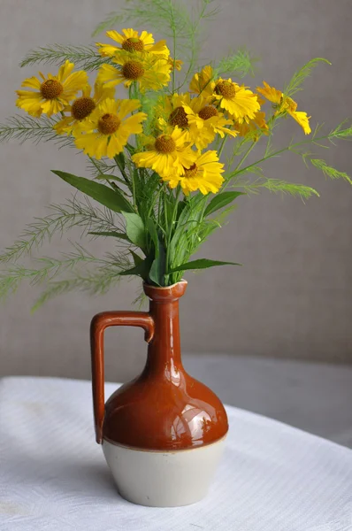 Bunch of yellow flowers in a jug — Stock Photo, Image