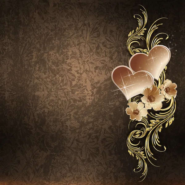 Χρυσή λουλουδάτο μοτίβο με την καρδιά σε φόντο grunge — Φωτογραφία Αρχείου
