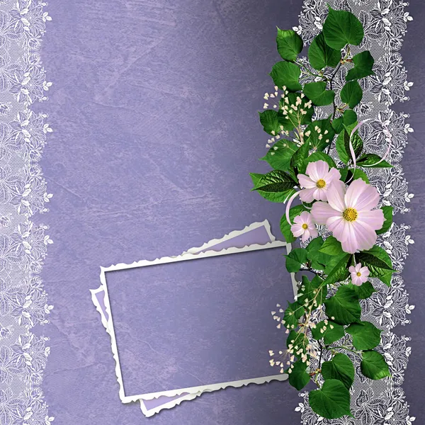 Fondo lavanda con borde floral y tarjeta — Foto de Stock