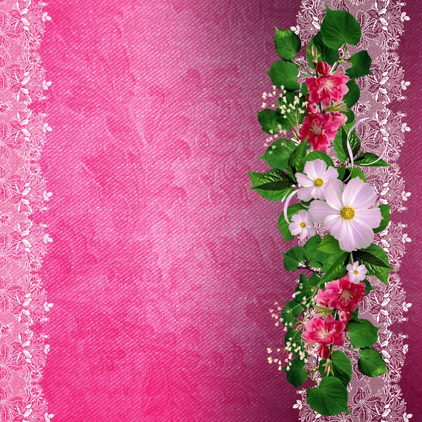 Fondo rosa con borde floral — Foto de Stock