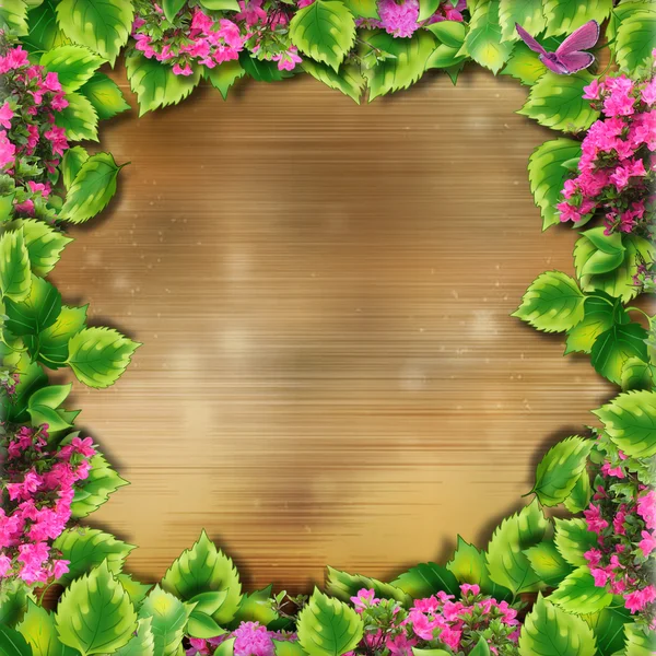 Texture de fond des cadres photo en bois et des feuilles vertes — Photo