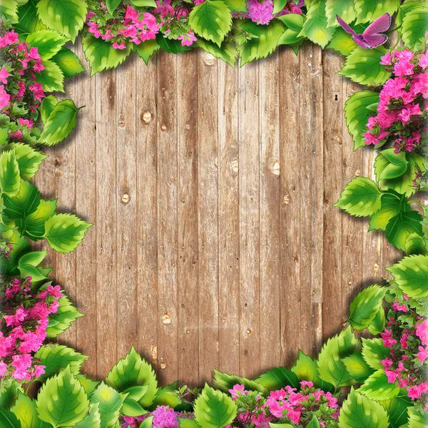Background texture of wooden photo frames and green leaves — Stock Photo, Image
