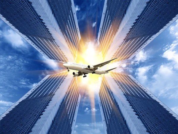 A repülőgép a város jelenet háttér — Stock Fotó