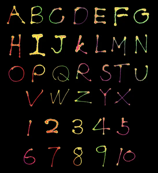Light painting photograph of the alphabet and numbers 1 to 9 — Stock Photo, Image