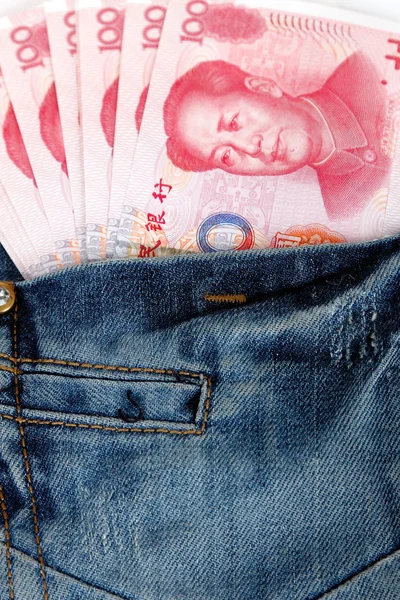 Jeans textura chinês RMB fundo em dinheiro — Fotografia de Stock