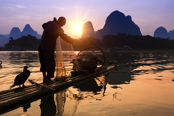 Barca con uccelli cormorani, pesca tradizionale in Cina uso tra — Foto Stock