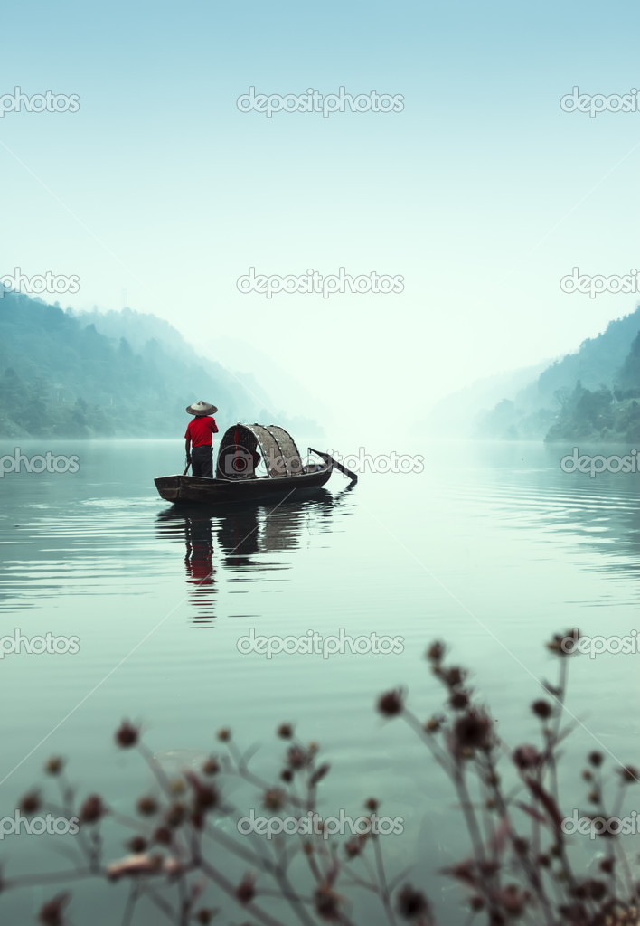 Small beautiful Dongjiang River landscape, the fishermen