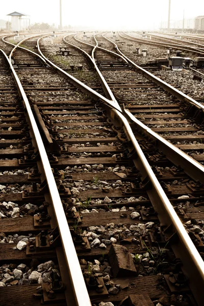 Railway in fog on station, outdoor landscape — Stock Photo, Image