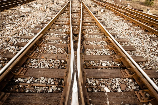 Railway in fog on station, outdoor landscape — Stock Photo, Image