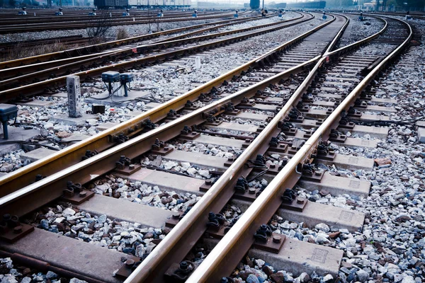 Railway in fog on station, outdoor landscape — Stock Photo, Image