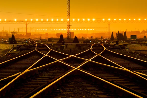 Cargo train platform at sunset with container — Stock Photo, Image